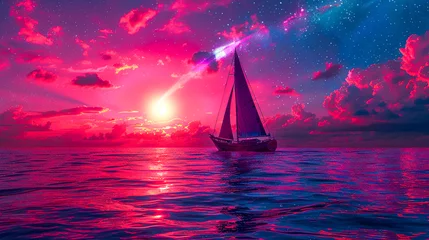 Foto op Plexiglas A vibrant sailboat journeying on the ocean under a pink sky with stars and a comet © weerasak