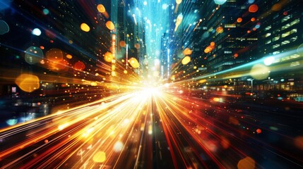 Naklejka premium The vibrant energy of city lights at night, illuminating the urban landscape with a spectrum of colors.