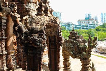 Wooden carving sculptures outside of the Sanctuary of Truth temple