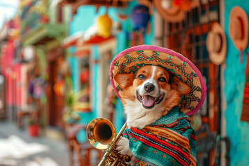 A cheerful corgi dog wearing a sombrero and serape smiles while holding a trumpet in a colorful...