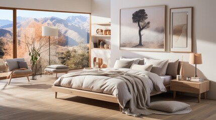 Modern bedroom interior with a large bed, a comfortable armchair, and a beautiful view of the mountains.