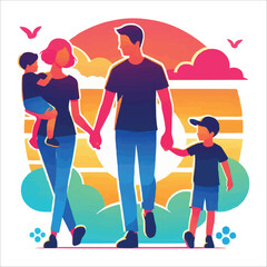 dad and children silhouette flat vector illustration