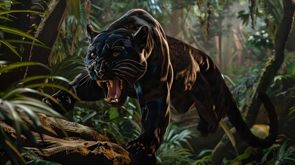 Angry black panther roaring and running in the forest.Front view