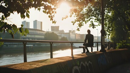 Anonymous traveler contemplating channel from urban embankment in sunshine - obrazy, fototapety, plakaty