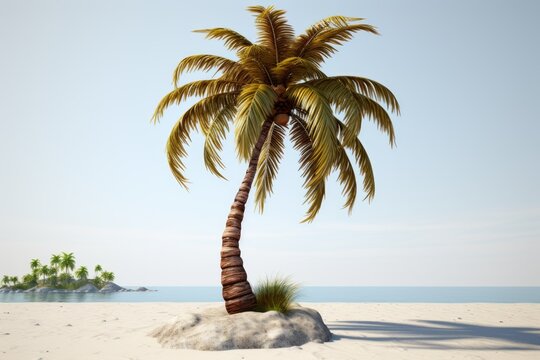 A lone palm tree on a sandy beach with the ocean in the background