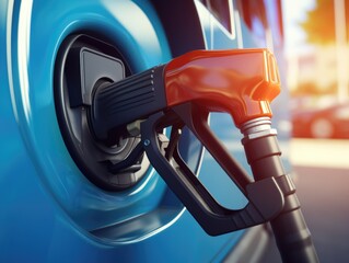 Gas pump is being used to fill blue car