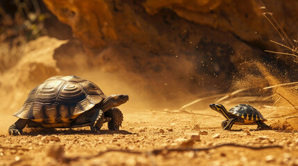 Two tortoises are face to face mother and child tortoise in a dust
