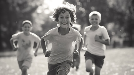 Three young boys are running in park, with one of them smiling