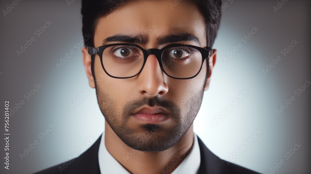Poster man with glasses is looking at camera with serious expression