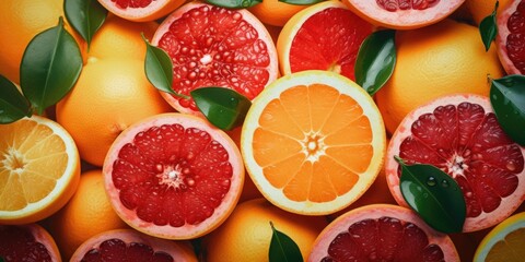 Bunch of oranges and grapefruit are displayed with their stems - obrazy, fototapety, plakaty