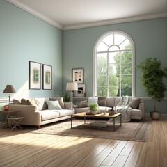 Fototapeta premium Airy and bright living room with large windows and a vaulted ceiling