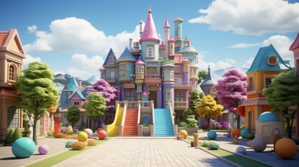 A colorful cartoon town with a castle in the middle