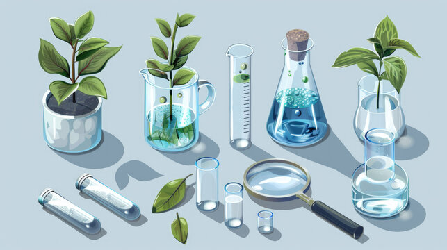 Collection of glassware and plants, including magnifying glass, beaker