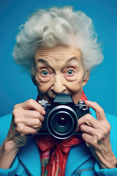 Older woman is holding camera and looking at camera