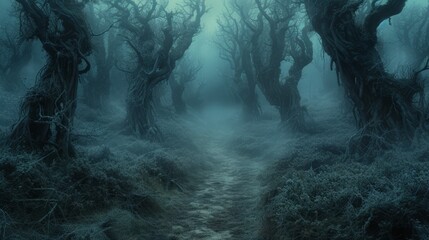 Gloomy forest path with tall spooky trees and dense bushes - obrazy, fototapety, plakaty