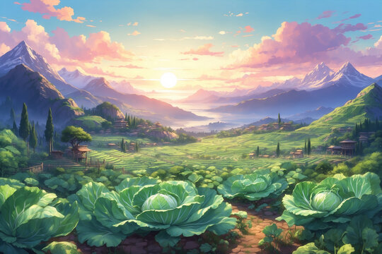 Cabbage garden in a mountainous area at sunrise in the morning. In anime style