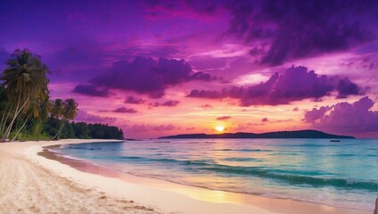 sunset on the beach with purple background 