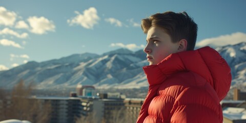 Man in red jacket stands in front of snowy mountain