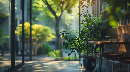 spring in the park, A defocused view of a modern office layout, with large windows creating a harmonious indoor-outdoor feel photography - obrazy, fototapety, plakaty