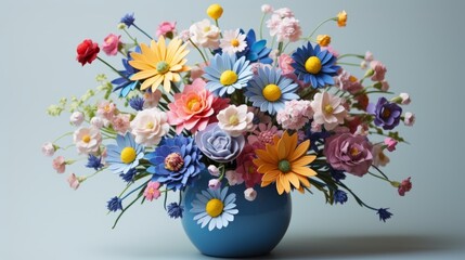 A beautiful bouquet of colorful flowers in a blue vase