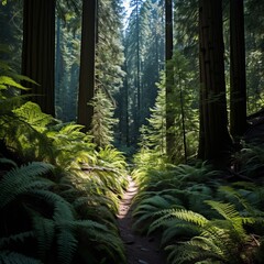 Obraz premium Sunlight shining through a lush green forest