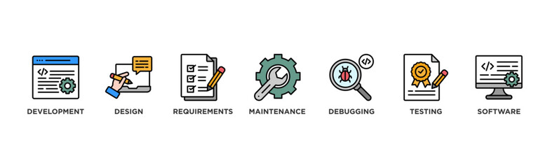 Agile banner web icon vector illustration concept with icon of development, design, requirements, maintenance, debugging, testing and software