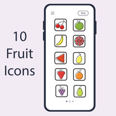 10 fruit icons set, apple, pear, banana, lemon, watermelon, orange, strawberry, grape, grapefruit, cherry