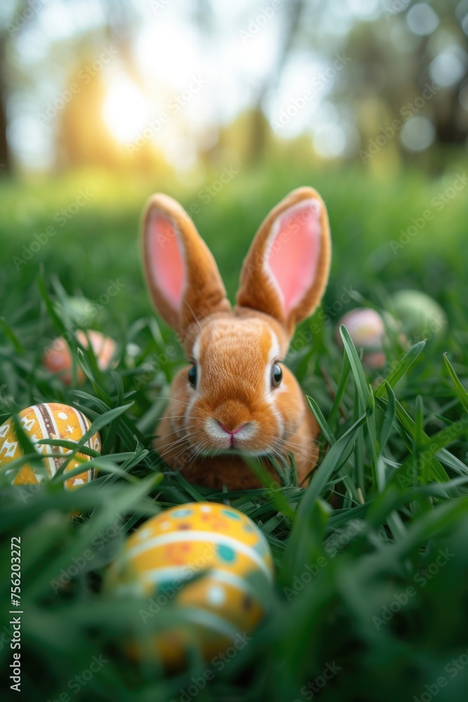 Poster Rabbit is in field of grass with bunch of Easter eggs scattered around it