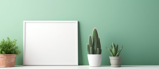 A rectangular picture frame is displayed on a wooden table alongside houseplants in flowerpots. The art piece contrasts the green terrestrial plants against the wall