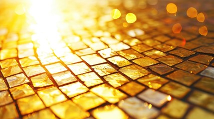 Mosaic of gold tiles with sun shining on it
