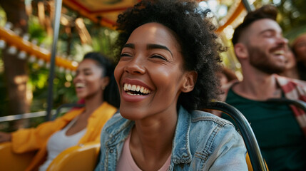 couple in park, A diverse group of friends enjoying a laughter-filled day at an eco-friendly amusement park realistic stock photography