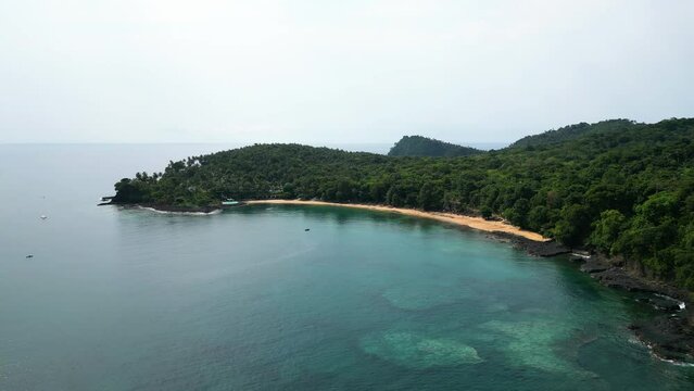 Aerial view circling the Santana Beach, cloudy day in Sao Tome and Principe, Africa