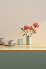 Vase of pink flowers sits on counter next to cup and plate