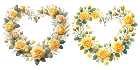 Yellow rose heart-shaped wreath watercolor illustration material set
