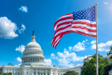 Fototapeta premium American flag waving proudly before the iconic U.S. Capitol Building, symbolizing democracy and governance under clear skies.