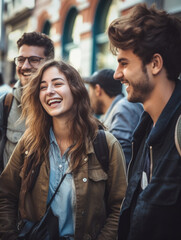Fototapeta premium Woman with long hair is smiling and laughing with two men