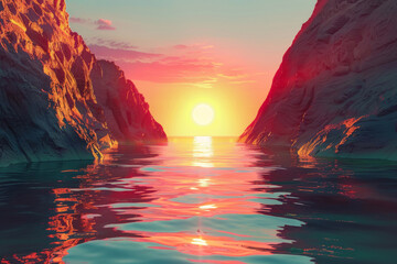 Breathtaking sunset between cliffs over calm sea waters, painting the sky and ocean in vibrant shades of orange and pink - obrazy, fototapety, plakaty