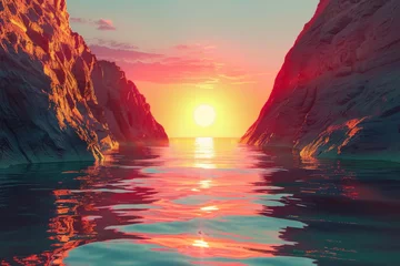 Poster Breathtaking sunset between cliffs over calm sea waters, painting the sky and ocean in vibrant shades of orange and pink © Mirador