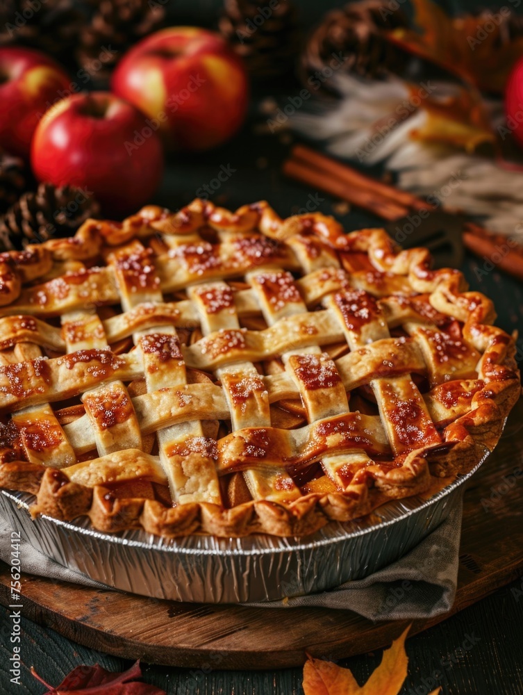 Poster pie with lattice crust and apples on top