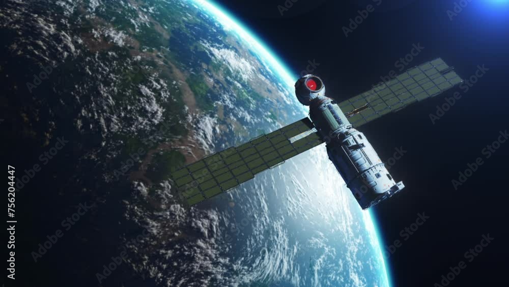 Poster the space module flies against the background of a cloudy planet with seas and continents