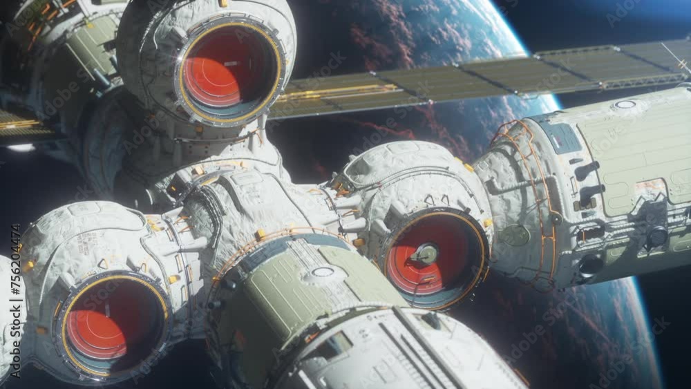 Wall mural a space station is flying in space against the background of a planet engulfed in chaos