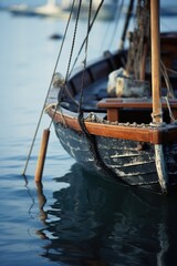 Obraz premium Small boat is floating in water with rope tied to it