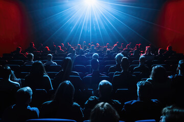 Fototapeta na wymiar Movie theater with large audience watching movie
