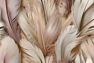 Feathers background with beige colors blend and aesthetic soft style. Fragile and sensitive elements from nature. Neutral pastel design. Beautiful wallpaper with natural texture. Generative AI