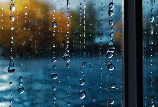 Rain drops on window glass for backgrounds rainy fall autumn weather. Abstract blue background with raindrops on blurred daylight. Outside urban window is blurred bokeh water. Copy text space © Alex Vog