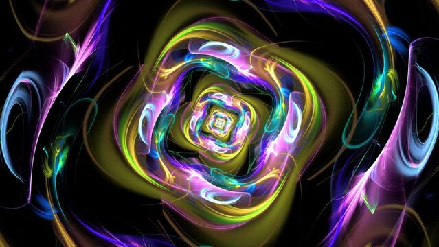 Abstract colorful fractal transformation on black. Iridescent energy flows, vibes moving, rotating, making lozenge shapes. Luminous background of twirling vortex metamorphoses. 4K UHD 4096x2304