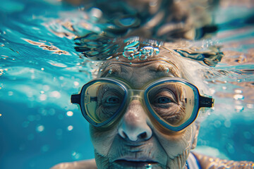 a senior woman in goggles and cap swimming underwater in pool