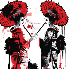 Sumi Style Geishas Clipart isolated on white background