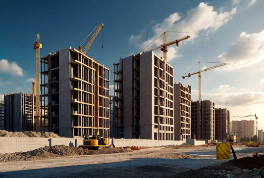 Construction site with new and unfinished residential buildings on sky background. Pile rubble of destroyed and new building. Concept of construction of house and renovation of housing. Copy space