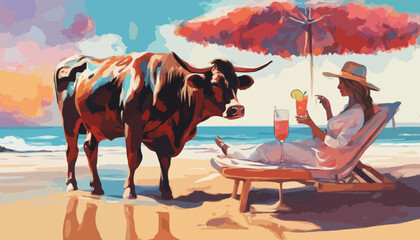 Eine Frau relaxt auf einer Liege mit zwei Cocktails am Strand. Eine Kuh steht dabei. Trendige Illustration für Poster, Karten, Tapete und 